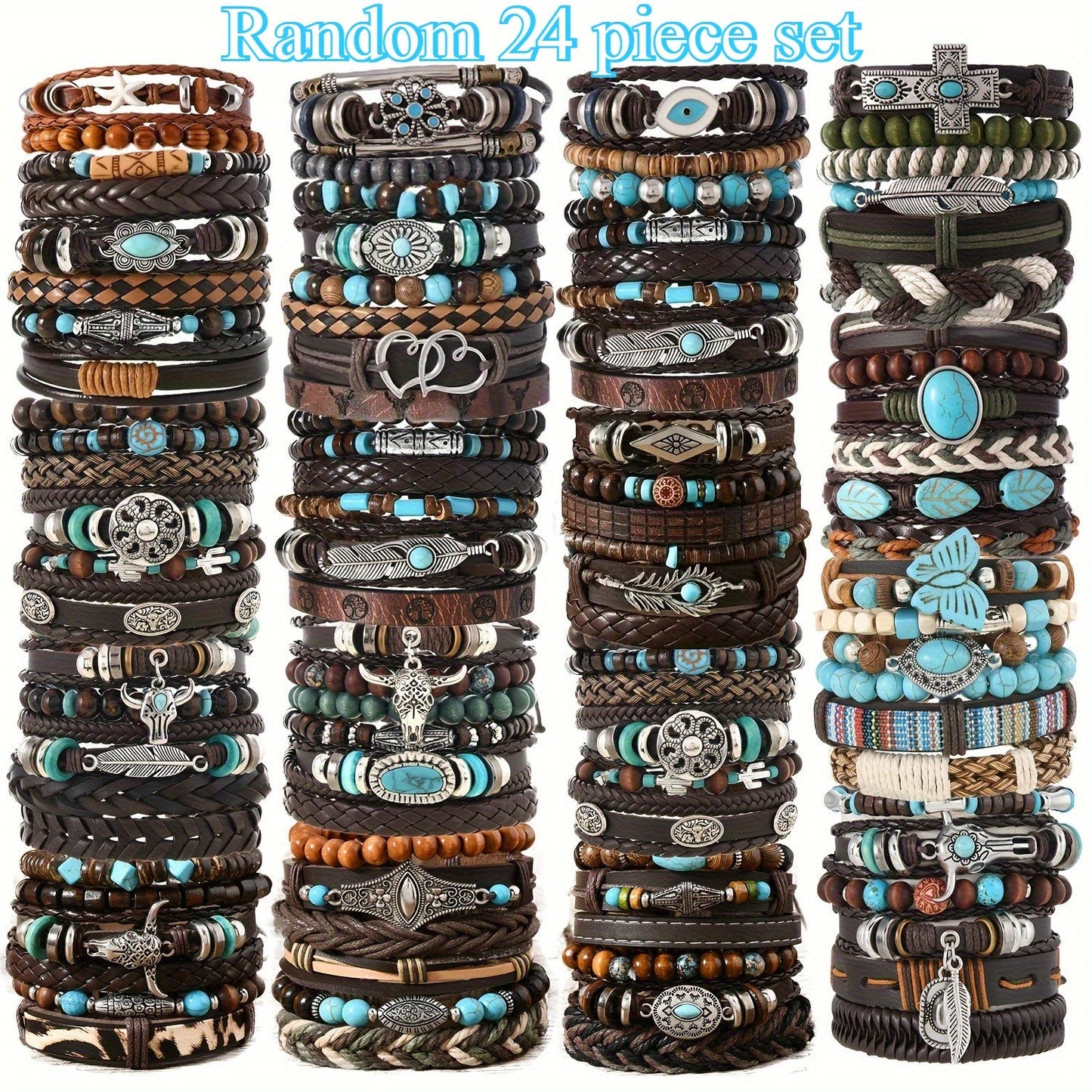 24pcs Boho Western Turquoise Bracelet Set – Multi-Layer Woven Feather, Wooden Bead & Alloy Charms, Retro Stackable Bracelets for Women, Party Favor & Gift for Her