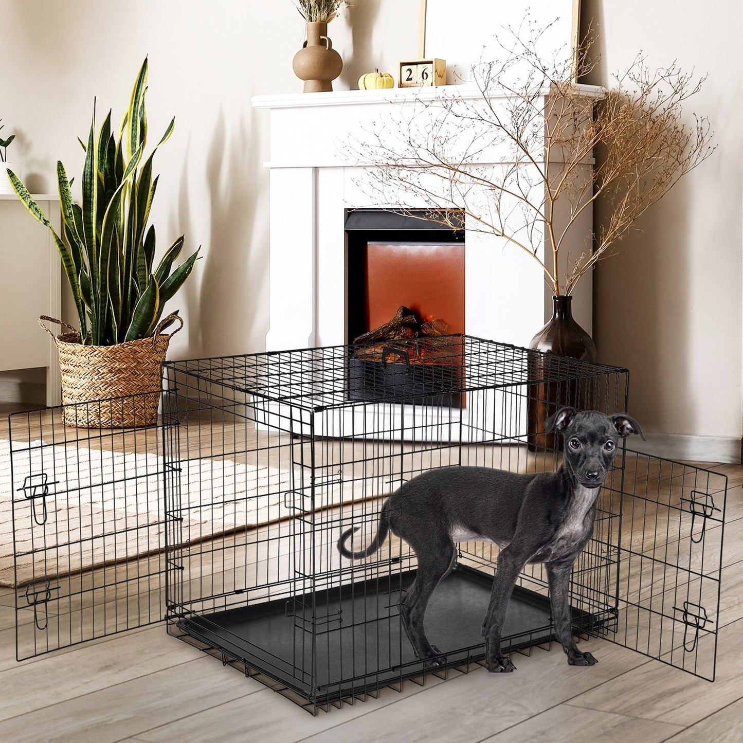 Folding Wire Dog Crate with Divider & Leak-Proof Tray – Double Door Collapsible Metal Kennel for Small, Medium & Large Dogs, Indoor, Outdoor & Travel Use
