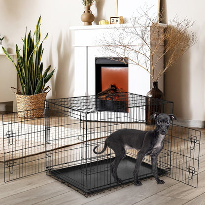Folding Wire Dog Crate with Divider & Leak-Proof Tray – Double Door Collapsible Metal Kennel for Small, Medium & Large Dogs, Indoor, Outdoor & Travel Use