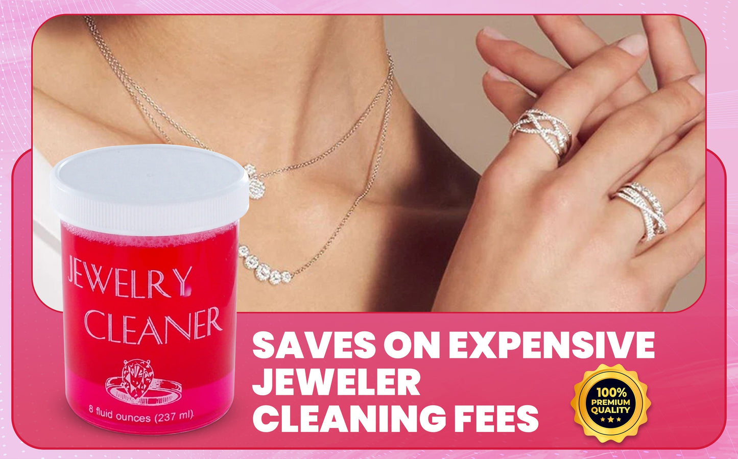 Jewelry Cleaner 8 fl oz for Gold, Silver & Platinum – Fast-Acting Dip Formula, Includes Strainer Basket, Cleaning Brush & Microfiber Cloth – Safe for Stones & Pearls
