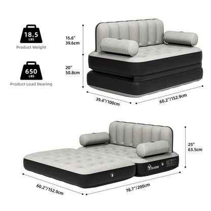 Inflatable Air Sofa Bed 2-in-1 Queen Size – Portable Blow Up Couch & Airbed with Headboard, Cup Holders, External Pump & Storage Bag, 440 lb Capacity for Home, Camping & Guests