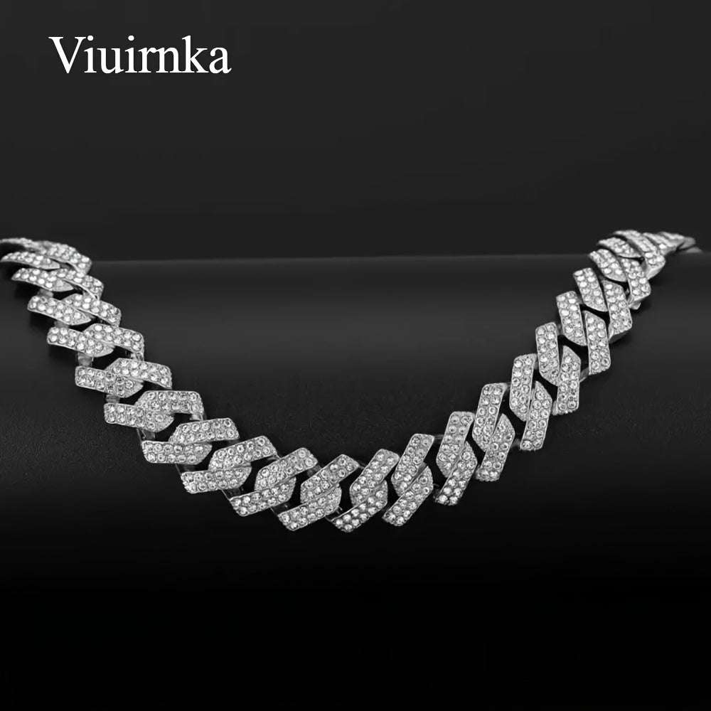 Men's Cuban Link Chain Necklace Hip Hop Style with Synthetic Gem Inlay – Silver & Gold Tone, 45cm / 50cm, Gift Box Included, Bold Statement Jewelry for Any Occasion