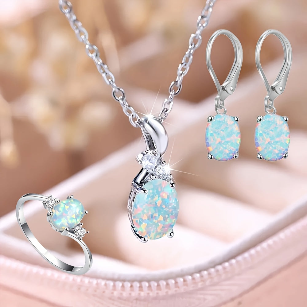 4pcs 925 Sterling Silver Water Drop Opal Jewelry Set for Women – Pendant Necklace, Earrings & Ring, Elegant Boho Party Jewelry Gift Set