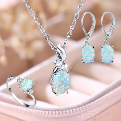 4pcs 925 Sterling Silver Water Drop Opal Jewelry Set for Women – Pendant Necklace, Earrings & Ring, Elegant Boho Party Jewelry Gift Set