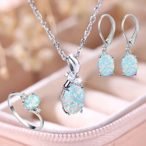 4pcs 925 Sterling Silver Water Drop Opal Jewelry Set for Women – Pendant Necklace, Earrings & Ring, Elegant Boho Party Jewelry Gift Set