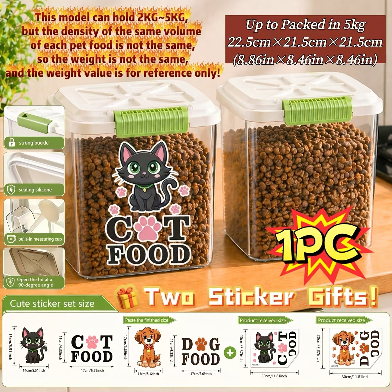 Pet Food Storage Container with Locking Lid & Scoop – Moisture-Proof Airtight Bin 6-55 lbs, Optional Wheels & Cute Sticker, Large Capacity for Cat & Dog Food Grains Flour