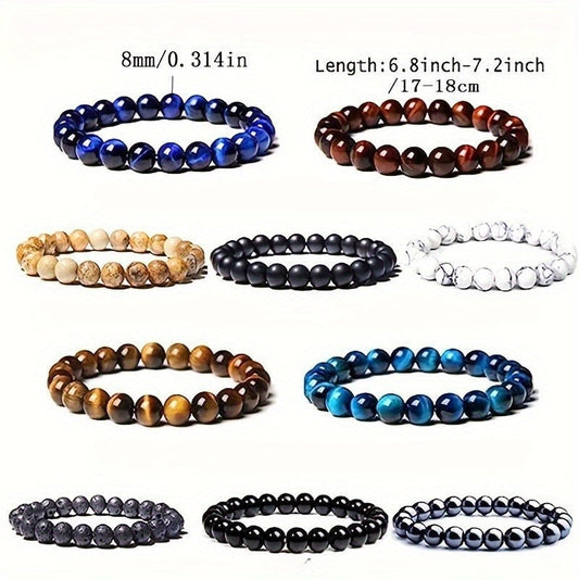 10-Piece 8mm Natural Stone Stretch Beaded Bracelet Set Unisex Stackable Round Bead Vintage Style Men Women Holiday Gift