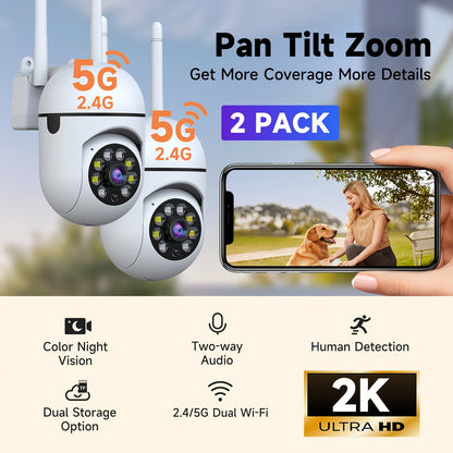 2-Pack WiFi Security Camera 2K QHD PTZ 355° Pan – Dual-Band 2.4G/5G AI Motion Detection, Color Night Vision, Two-Way Audio, Cloud & SD Storage, Baby Monitor, Indoor Home Surveillance Camera