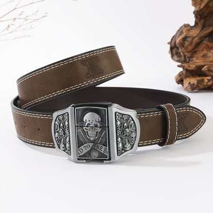 Retro Western Cowboy Belt with Detachable Lighter – Embossed Printed Novelty Accessory Belt in Skull, Eagle, Cross & Native American Designs, Unique Gift for Men for Christmas, Thanksgiving & Valentine's Day