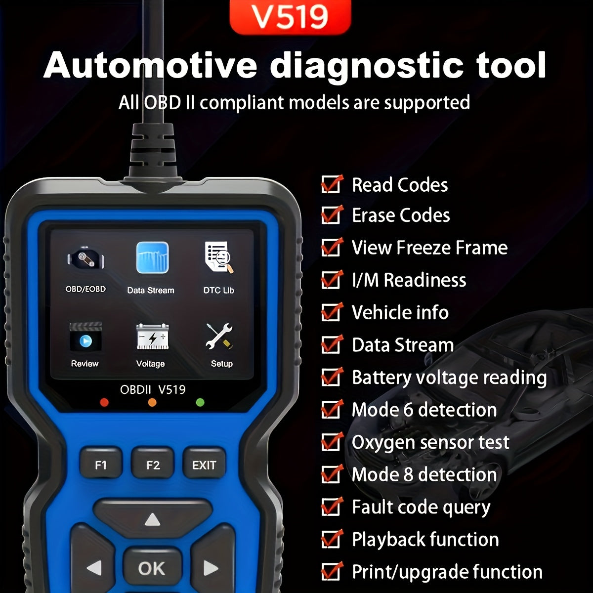 OBD2 Scanner Code Reader Car Diagnostic Tool Engine Fault Code Reader with Live Data Freeze Frame I/M Readiness for All OBDII Protocol Vehicles No Battery Required