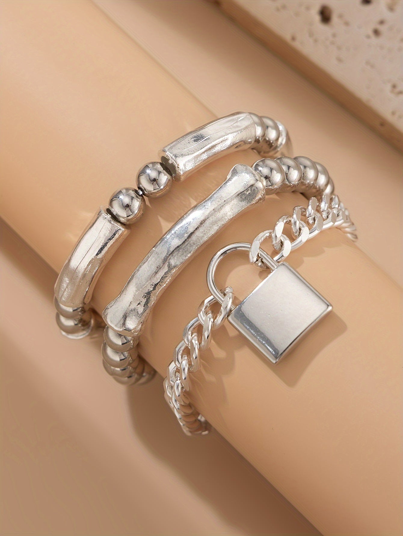 3pcs 925 Sterling Silver Beaded Punk Bracelet Set with Lock Pendant – Exquisite Stackable Edgy Silver Wrist Jewelry for Women Men Teens, Party Festival Daily Wear Gift