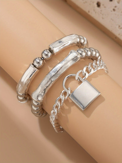 3pcs 925 Sterling Silver Beaded Punk Bracelet Set with Lock Pendant – Exquisite Stackable Edgy Silver Wrist Jewelry for Women Men Teens, Party Festival Daily Wear Gift