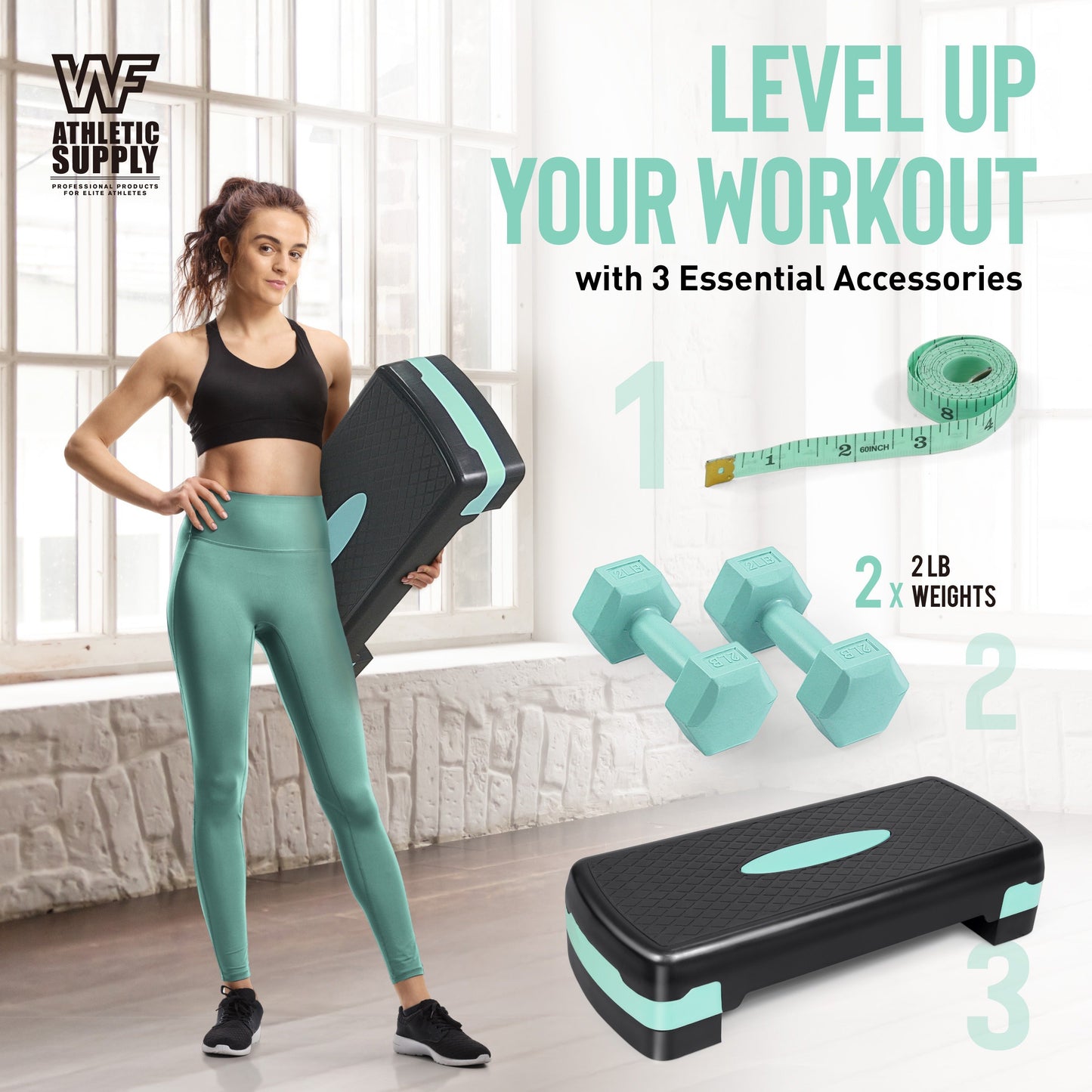 Aerobic Step Platform Set with 2LB Dumbbells & Measuring Tape – Adjustable Height Non-Slip Exercise Stepper 550lb Capacity for Home Gym Cardio Workout, Pink Green Blue
