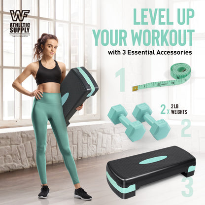 Aerobic Step Platform Set with 2LB Dumbbells & Measuring Tape – Adjustable Height Non-Slip Exercise Stepper 550lb Capacity for Home Gym Cardio Workout, Pink Green Blue