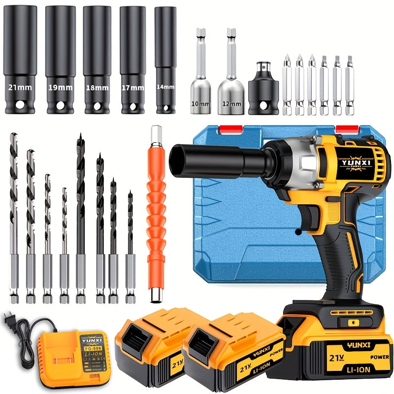 21V Brushless Cordless Impact Wrench & Drill Set – 4000mAh Li-ion Battery, Toolbox, Charger & Socket Accessories for Automotive, Home & Industrial Use