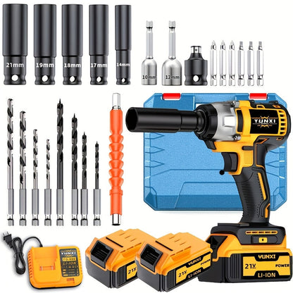 21V Brushless Cordless Impact Wrench & Drill Set – 4000mAh Li-ion Battery, Toolbox, Charger & Socket Accessories for Automotive, Home & Industrial Use