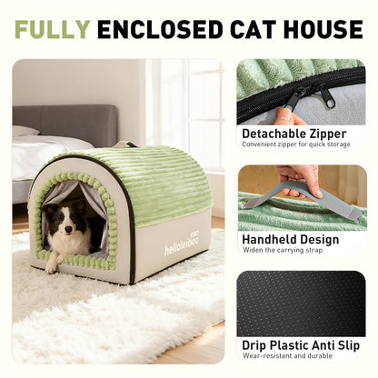 Foldable Dog Bed Cave 2-in-1 All Season – Fully Enclosed Covered Pet House with Handle, Soft Fluffy Non-Slip Washable Nest for Large, Medium & Small Dogs and Cats – Free Drool Bib – Velora
