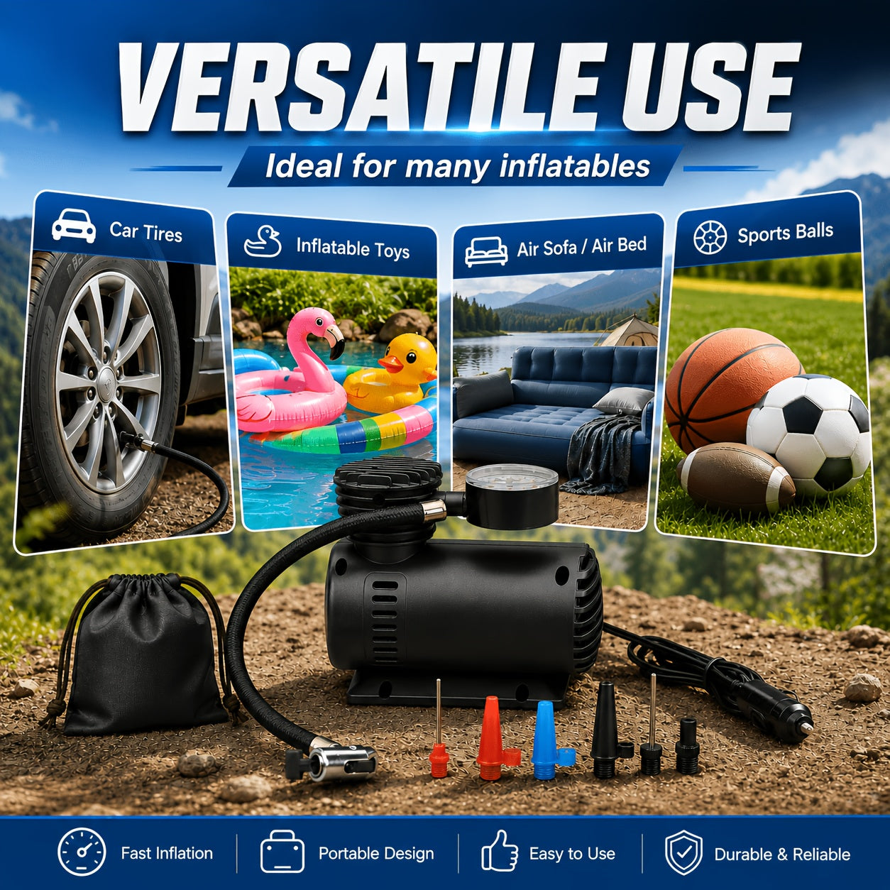 12V 300 PSI Compact Air Compressor Pump – Portable Car Tire Inflator for Cars, Bikes, Motorcycles & Balls, Plugs into Car Cigarette Lighter, No Battery Needed | Velora