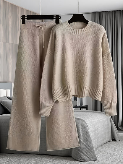 Women's Loose Knit Two-Piece Set – Round Neck Drop Shoulder Sweater & High Waist Wide Leg Drawstring Pants, Retro Casual Cozy Outfit, 10 Colors, Sizes S-XXL