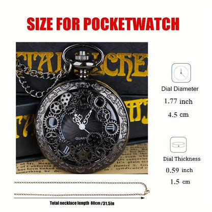 Steampunk Quartz Pocket Watch Necklace for Women Men – Vintage Hollow Gear Analog Pendant Chain Watch Sweater Necklace Unisex Retro Jewelry Christmas Gift