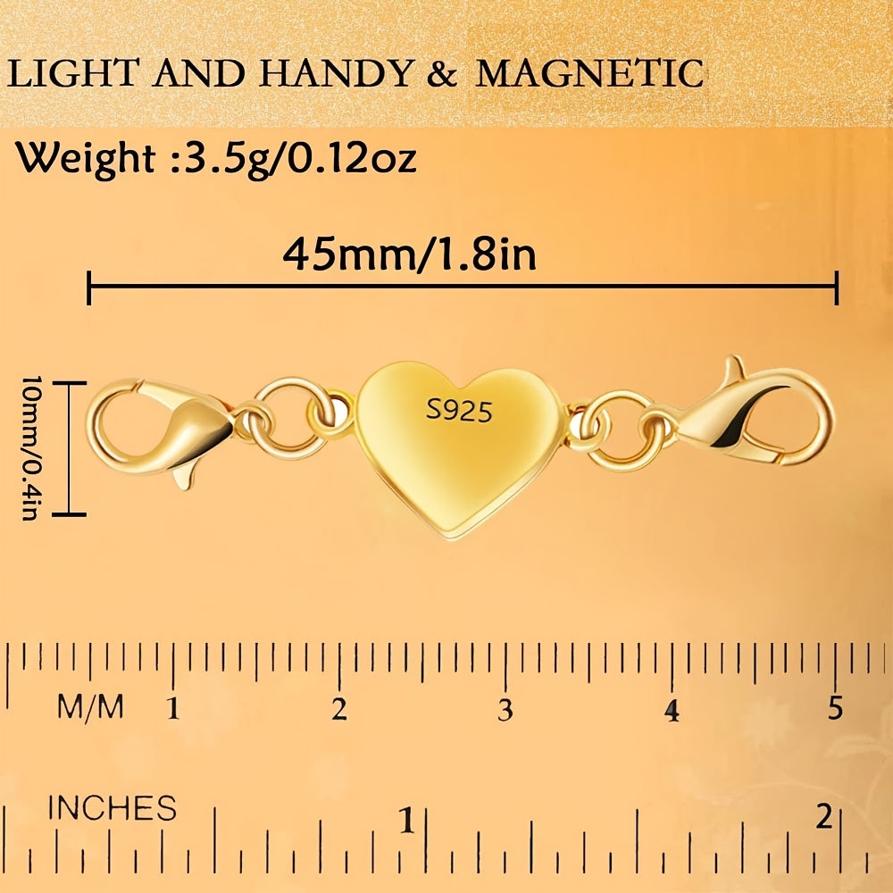 925 Silver Heart-Shaped Magnetic Necklace Clasps & Closures Multi-Pack - Easy-Connect Magnetic Clasp Converter for Jewelry Making, Chain Extender Connector for Necklaces & Bracelets, Gold & Silver