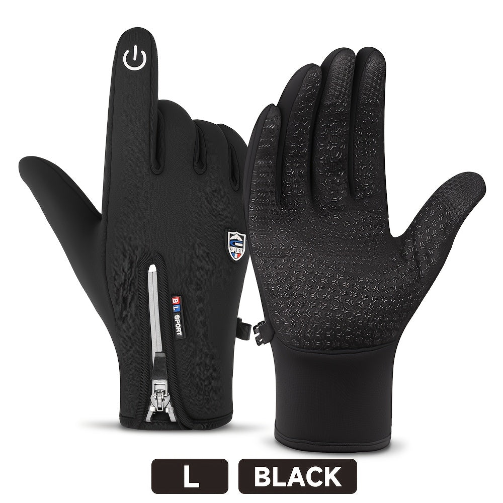 Windproof Waterproof Winter Sports Gloves with Touchscreen & Anti-Slip Grip – Warm Cycling Skiing Gloves for Men & Women, 100% Polyester, Zipper Closure, Sizes M-XL