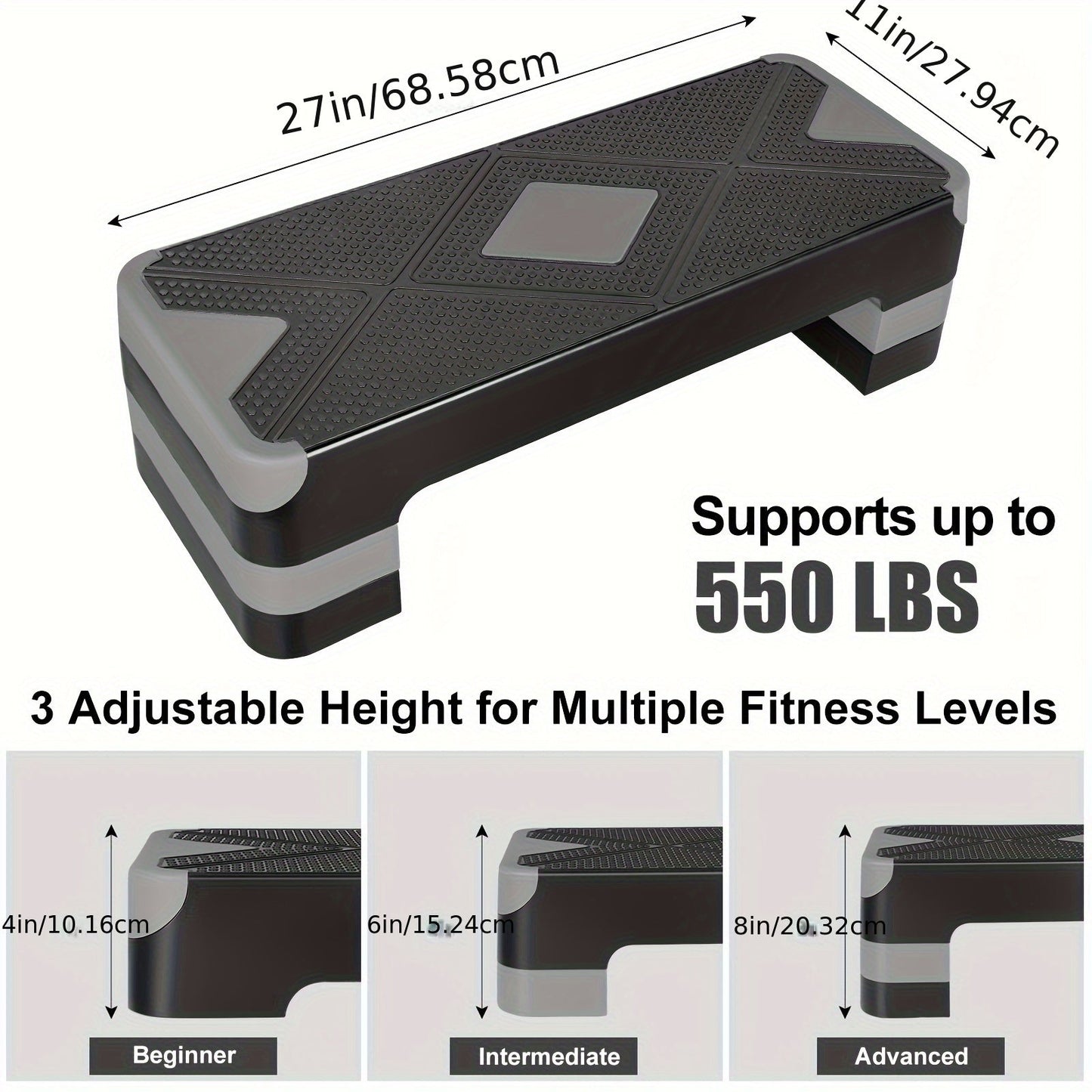 Adjustable Aerobic Step Platform – 3 Height Settings (4"/6"/8"), Non-Slip Workout Stepper for Home Gym Cardio Training, Step Aerobics Exercise Board (6 Colors)