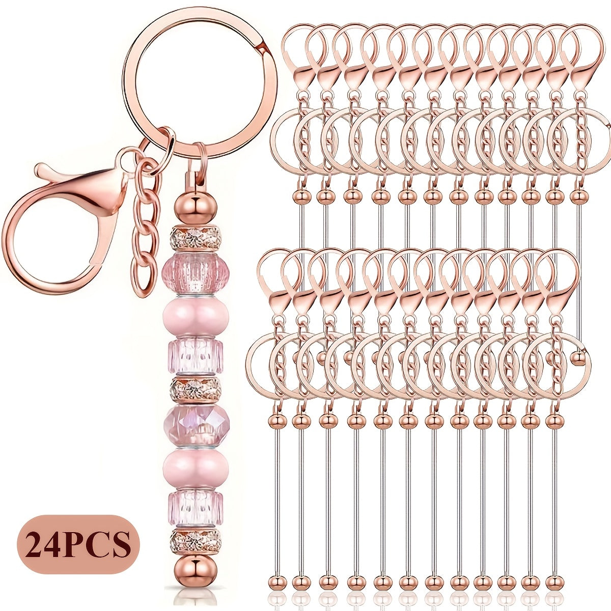Stainless Steel Beadable Keychain Blanks DIY Kit – 12 & 24pcs Metal Keyring Pendants with Charms for Crafting, Christmas & Halloween Gifts, Gold, Silver & Rose Gold