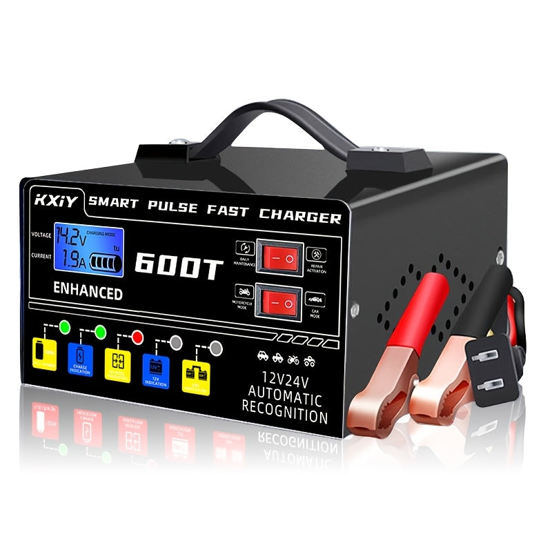 Smart Universal Battery Charger for 12V & 24V – LCD Screen, Pulse Repair & Temperature Regulation, Trickle Charger Maintainer for Car, Truck, Motorcycle, Boat, Lawn Mower & Harvester Batteries