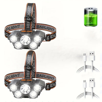 2-Pack LED Headlamp USB Rechargeable – 5 LED, Lithium Battery, IPX3 Waterproof, 4 Lighting Modes, ABS Matte Finish – Camping, Hiking, Fishing & Emergency Headlight