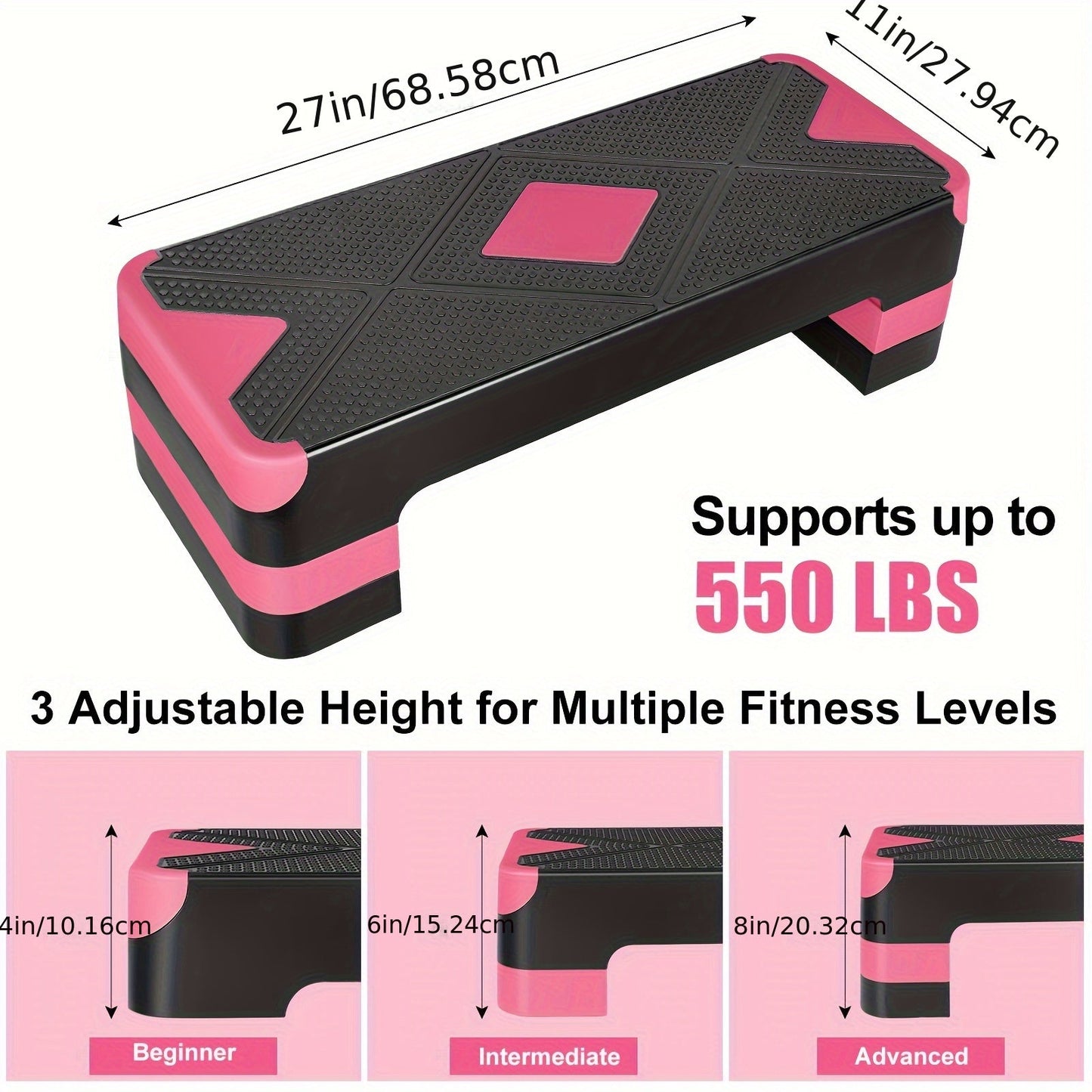 Adjustable Aerobic Step Platform – 3 Height Settings (4"/6"/8"), Non-Slip Workout Stepper for Home Gym Cardio Training, Step Aerobics Exercise Board (6 Colors)