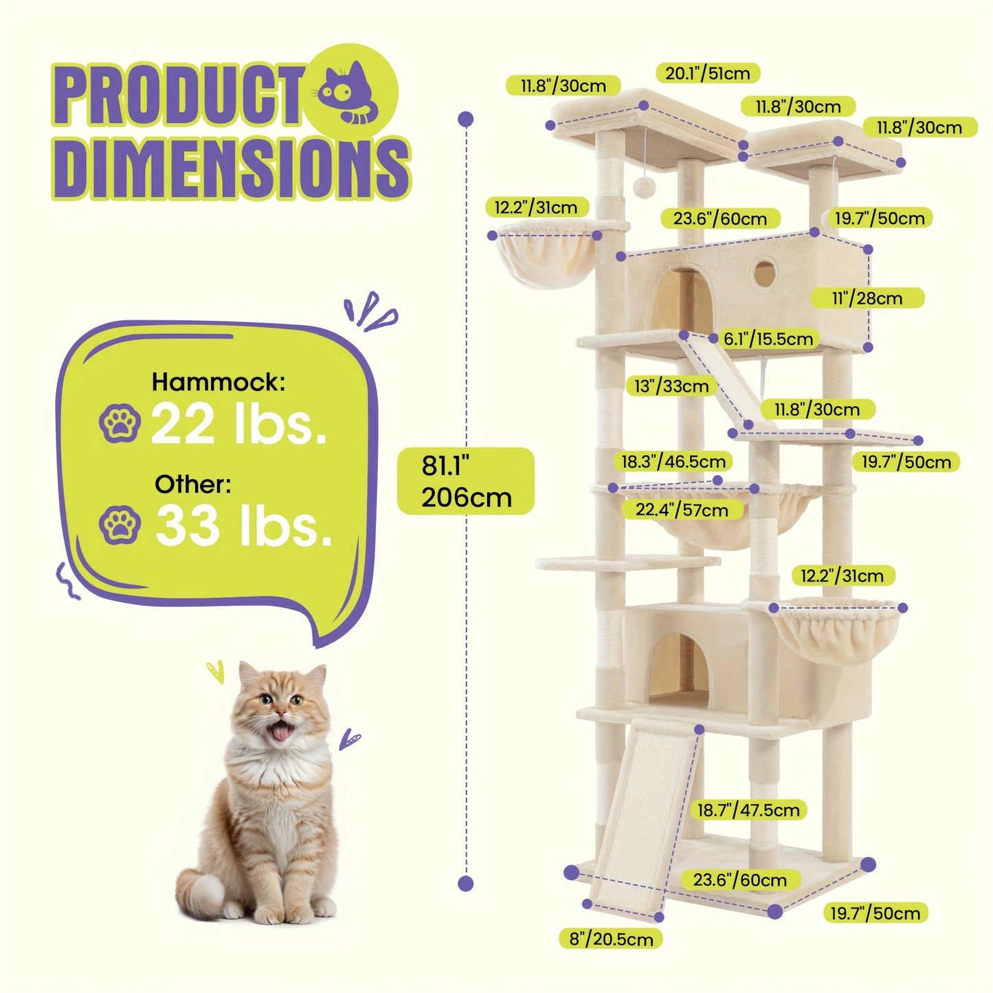 WEEWAY Corner Cat Tree Tower for Indoor Cats 36–81 Inch – Multi-Level Cat Furniture with Sisal Scratching Posts, Condo Cave, Hammock, Ramps, Plush Perches, Basket & Pompom Toys, Perfect Cat Gift