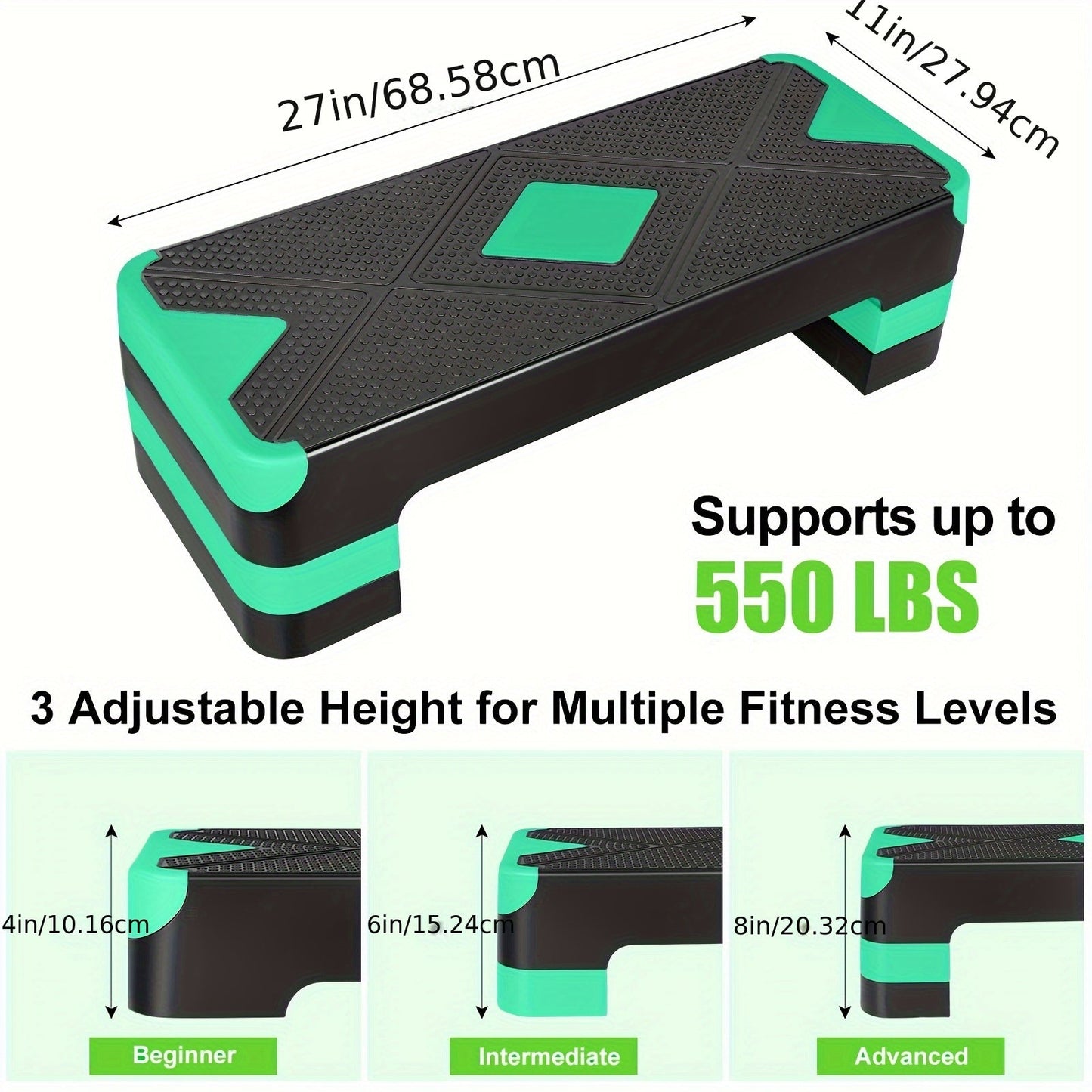 Adjustable Aerobic Step Platform – 3 Height Settings (4"/6"/8"), Non-Slip Workout Stepper for Home Gym Cardio Training, Step Aerobics Exercise Board (6 Colors)