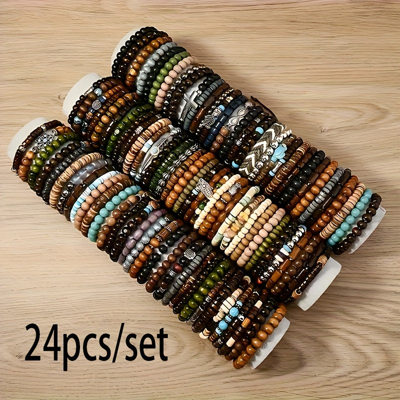 Boho Wood Beaded Bracelet Set – Stackable Elastic Bracelets with Turtle, Cross, Leaf & Feather Charms, Mixed Colors, Choose 12, 24, 47 or 87 Pcs – Perfect for Daily Wear & Gifting