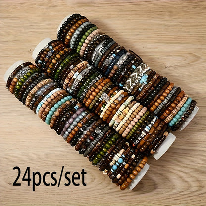 Boho Wood Beaded Bracelet Set – Stackable Elastic Bracelets with Turtle, Cross, Leaf & Feather Charms, Mixed Colors, Choose 12, 24, 47 or 87 Pcs – Perfect for Daily Wear & Gifting