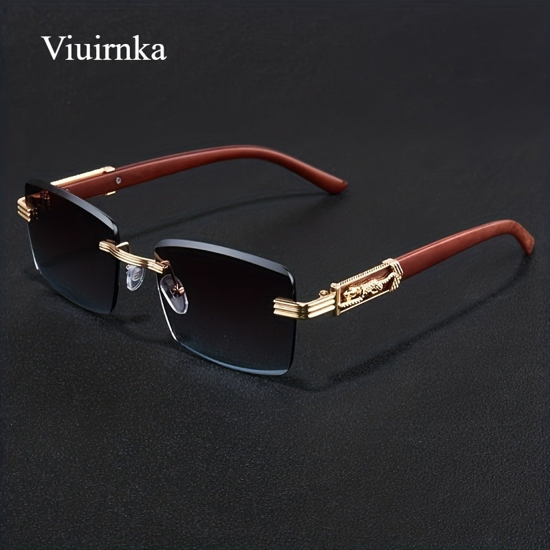 Vintage Rimless Rectangle Sunglasses for Women Men – Trendy Leopard Temple UV Protection Eyewear, 7 Lens Colors, Stylish Unisex Glasses for Outdoor, Driving, Travel, Parties & Daily Wear