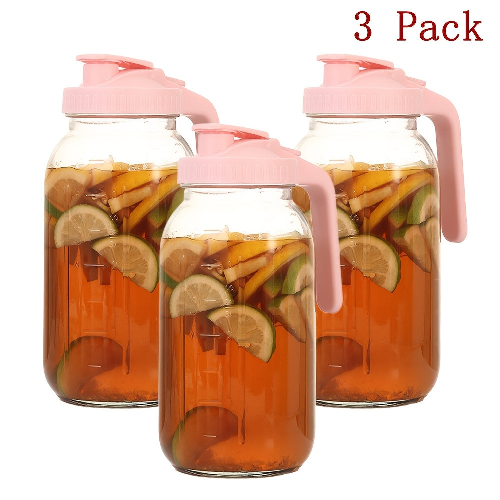 64oz Mason Jar with Handle & Lid – BPA-Free High Borosilicate Glass Beverage Carafe, Leak-Proof, 2/3 Pack, for Sports Outdoor Juice Water Kombucha, Holiday Gift
