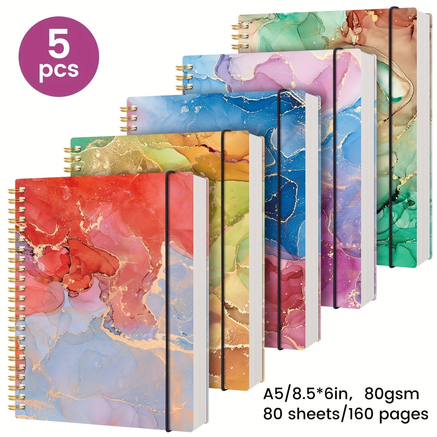5-Pack Marble Hardcover Spiral Notebook A5 – 400 Sheets No-Bleed Thick Paper Journal Set for Work, School & Journaling, Back-to-School Supplies, Teacher Appreciation Gift