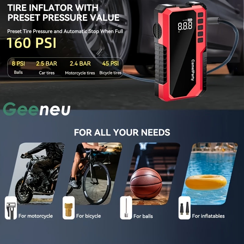 Jump Starter with Digital Tire Inflator 5000A/10000A Peak, Multi-Function Car Jump Box with Smart Battery Clamps LED Flashlight Power Bank, Emergency Kit for Car RV Motorcycle