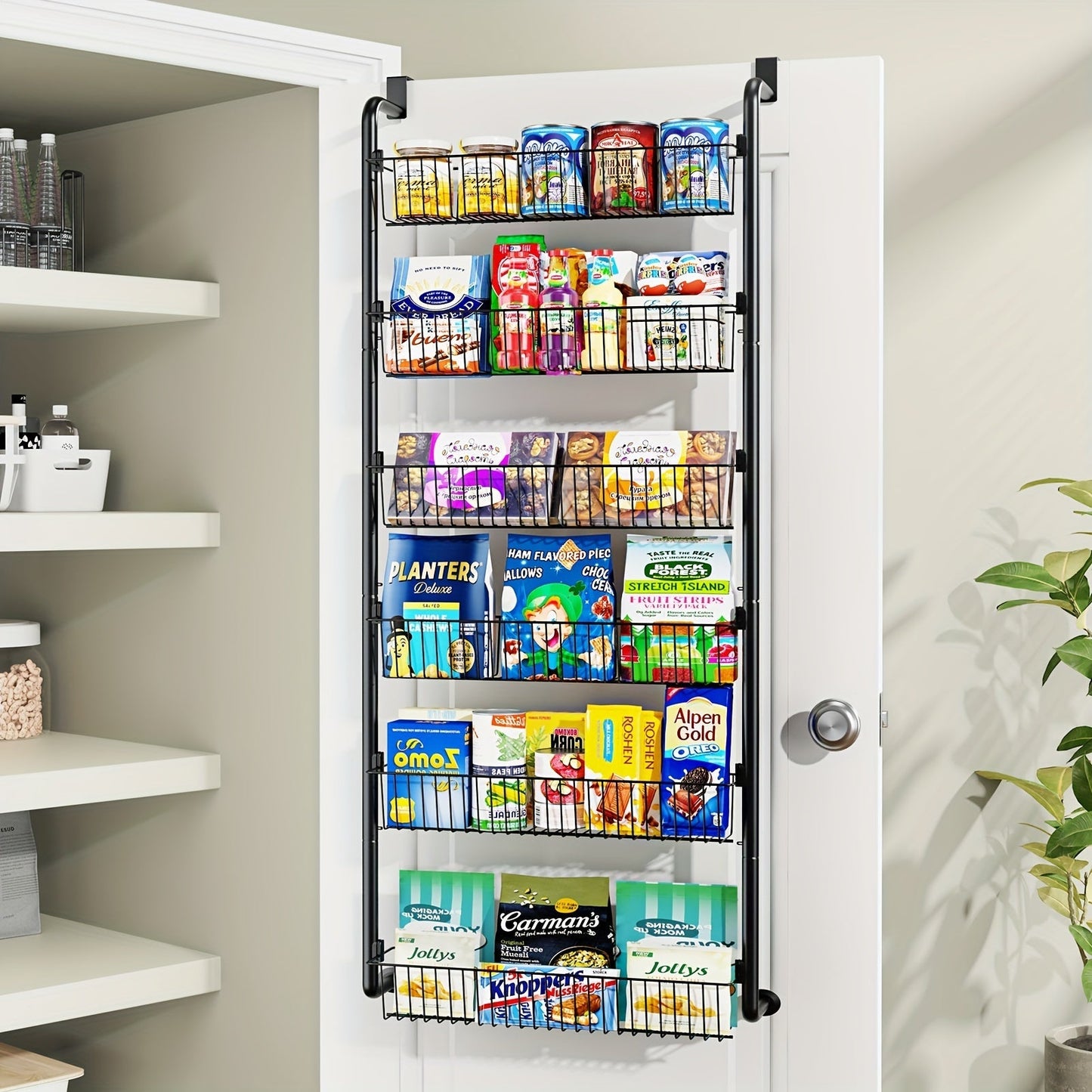 Over the Door Pantry Organizer 6 or 8 Shelf - Heavy-Duty Metal Hanging Storage Rack for Kitchen, Bathroom & Laundry Room, Space-Saving Spice & Food Organizer, Black or White