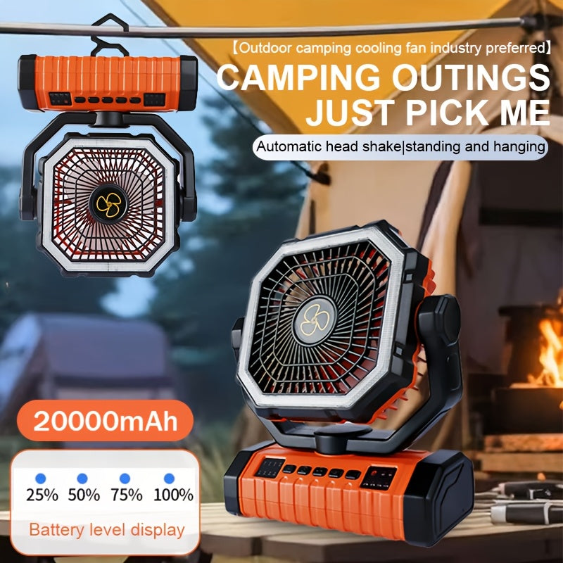 20000mAh Rechargeable Camping Fan with Built-in LED Light Tent Hook USB Charging Portable Battery Powered Outdoor Cooling Fan for Camping Hiking Power Outages Construction Sites Orange Upgraded Model