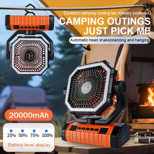 20000mAh Rechargeable Camping Fan with Built-in LED Light Tent Hook USB Charging Portable Battery Powered Outdoor Cooling Fan for Camping Hiking Power Outages Construction Sites Orange Upgraded Model