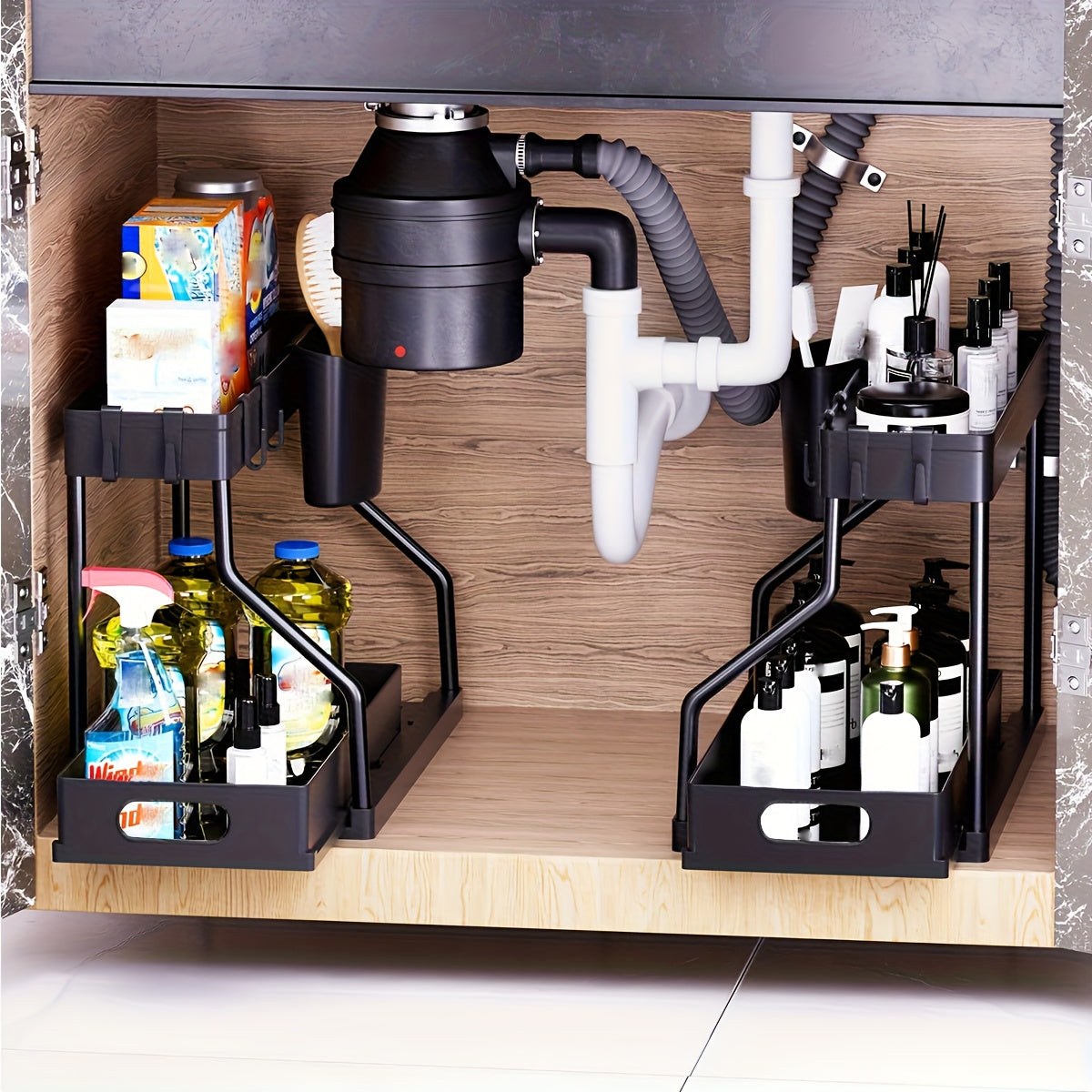 2Pcs Under Sink Organizer with Pull-Out Sliding Shelves – Durable Cabinet Storage Rack for Bathroom & Kitchen, Space-Saving Vertical Under-Sink Organization, Available in Black & White