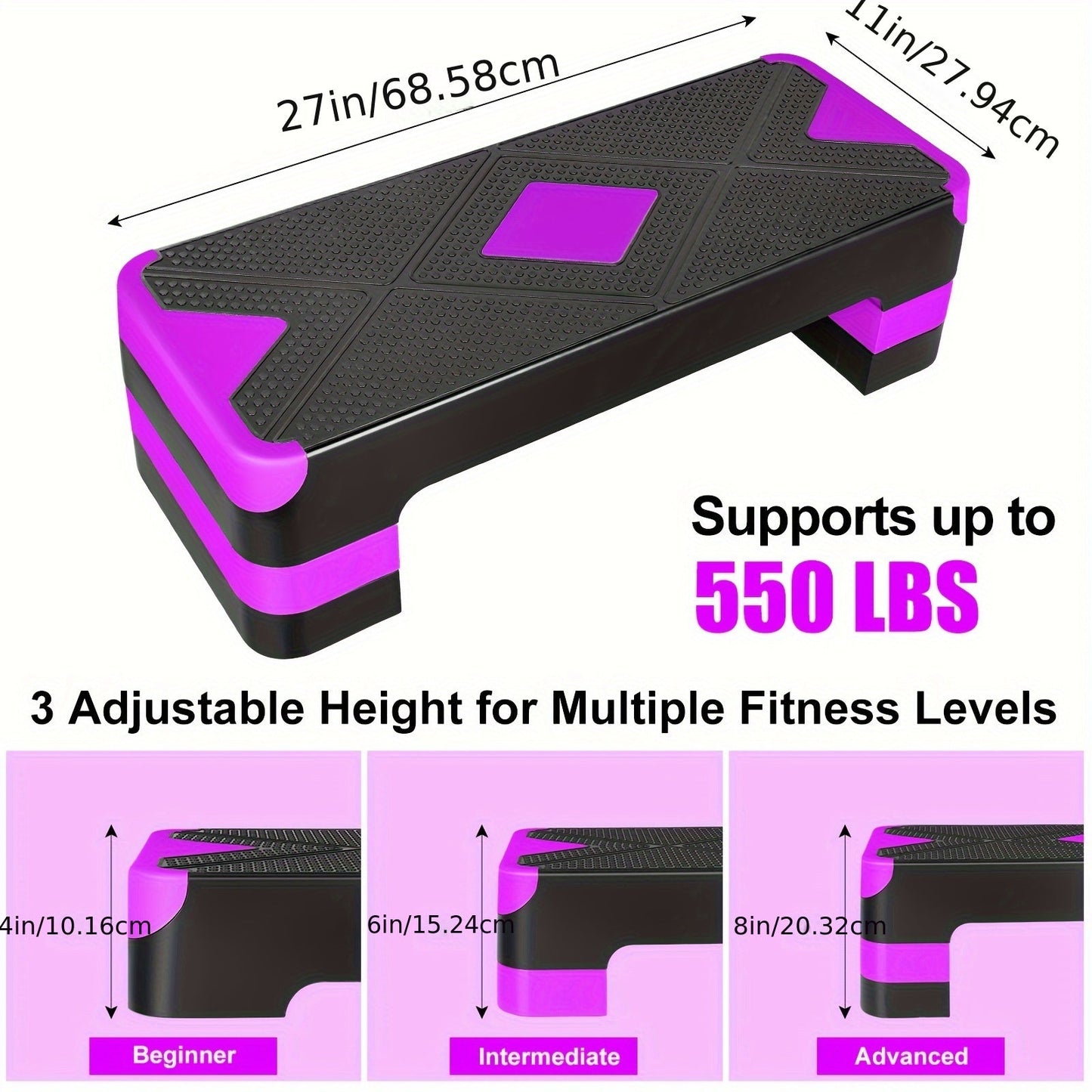 Adjustable Aerobic Step Platform – 3 Height Settings (4"/6"/8"), Non-Slip Workout Stepper for Home Gym Cardio Training, Step Aerobics Exercise Board (6 Colors)
