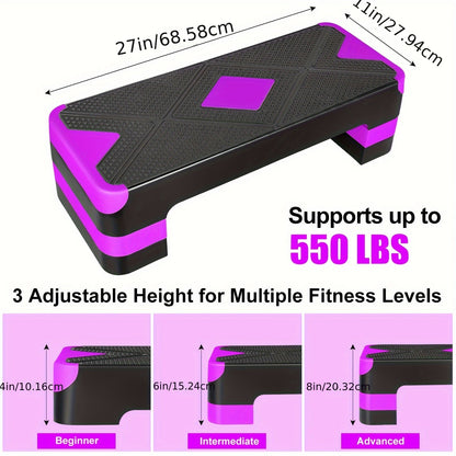 Adjustable Aerobic Step Platform – 3 Height Settings (4"/6"/8"), Non-Slip Workout Stepper for Home Gym Cardio Training, Step Aerobics Exercise Board (6 Colors)