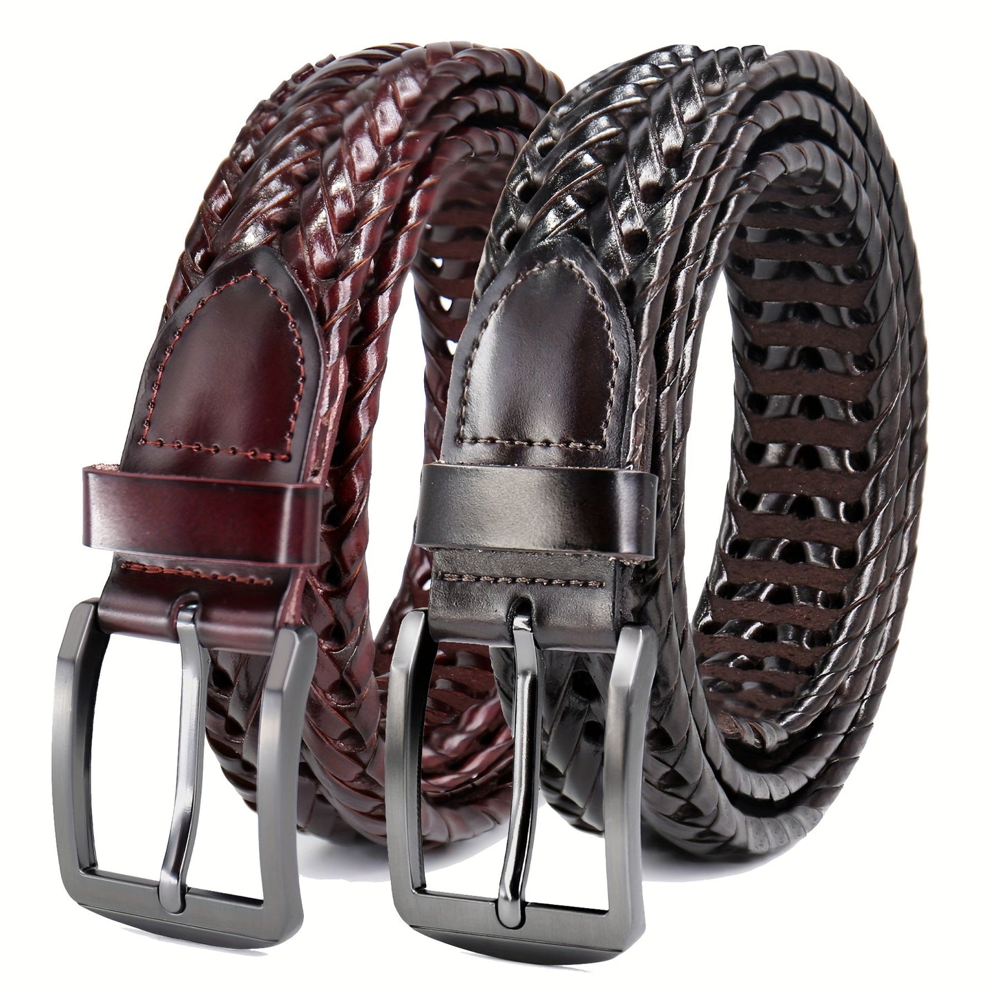 Men's Leather Braided Belt 2 Pack - Casual Dress Belt for Golf Pants Jeans Everyday Wear Zinc Alloy Buckle Multiple Colors Sizes 34-50