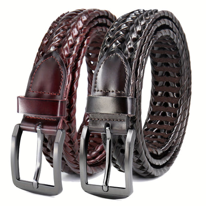 Men's Leather Braided Belt 2 Pack - Casual Dress Belt for Golf Pants Jeans Everyday Wear Zinc Alloy Buckle Multiple Colors Sizes 34-50