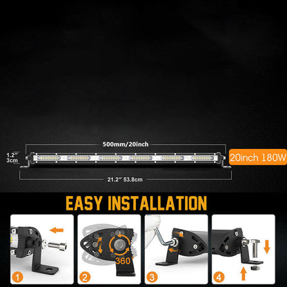 20 Inch 180W LED Light Bar Offroad Single Row – Ultra Slim 12V/24V Work Lamp for Truck, ATV, SUV, Tractor, Jeep & Boat – 6000K White, 50000Hr Lifespan – Velora