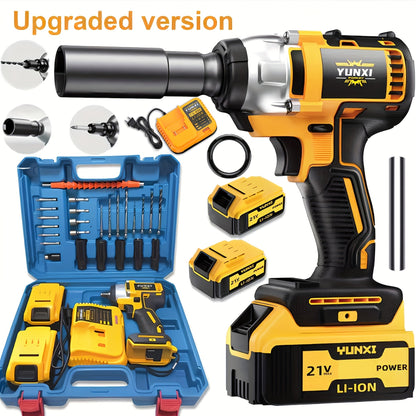 21V Brushless Cordless Impact Wrench & Drill Set – 4000mAh Li-ion Battery, Toolbox, Charger & Socket Accessories for Automotive, Home & Industrial Use