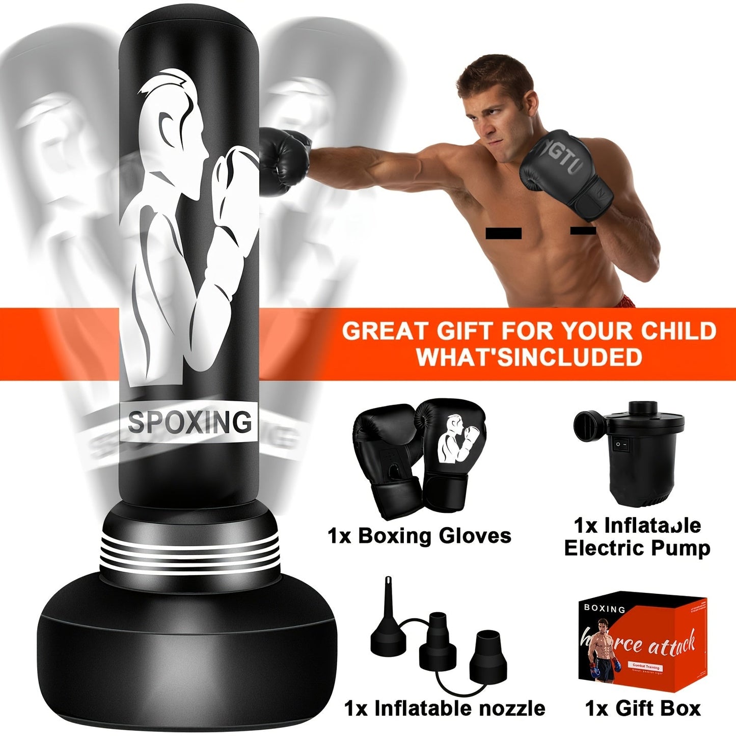 Freestanding Punching Bag 70" with Boxing Gloves & Electric Air Pump | Inflatable Heavy Bag for Adults Men Women Teens | Home Gym MMA Muay Thai Kickboxing Fitness Training | Black